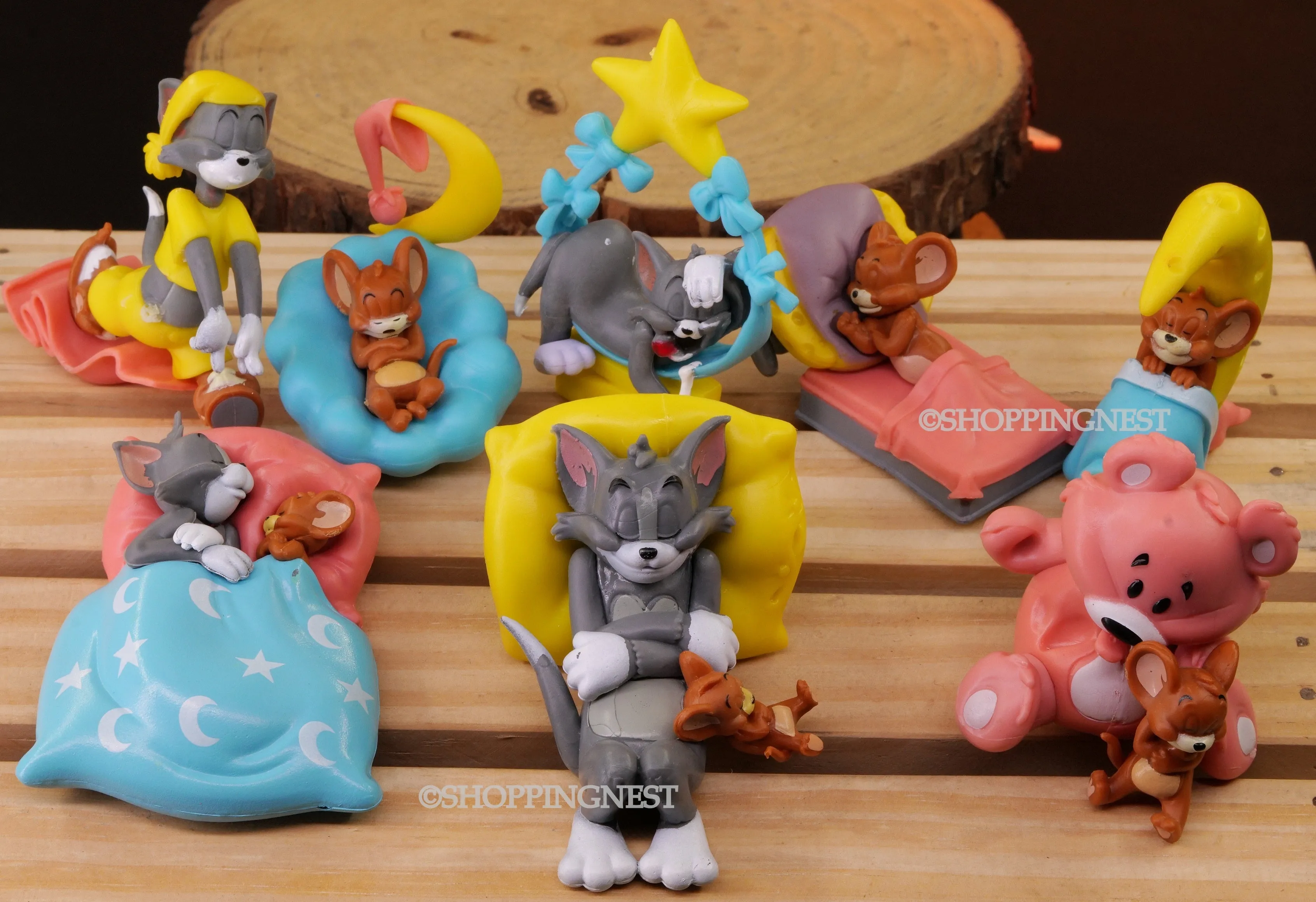 Cartoon Dreamy Tom Cat & Jerry Mouse Sleeping Quirk Set of 8 Figures Toy | Silver Coated Global Shipping
