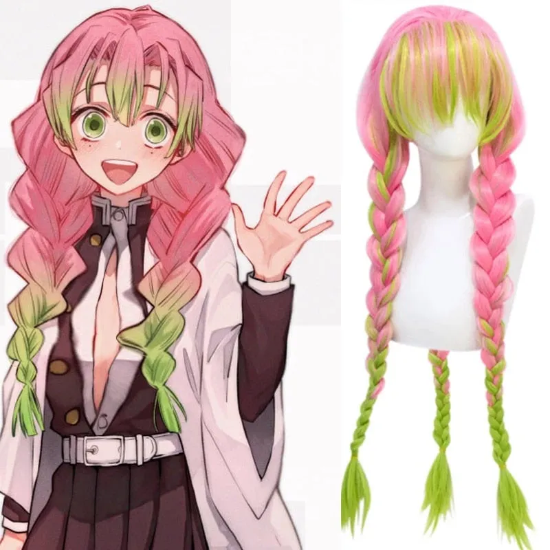 Hand Painted Character Collectible Demon Slayer Kanroji Mitsuri Braid Long Straight Ombre Green Pink Cosplay Wigs With Bangs For Anime
