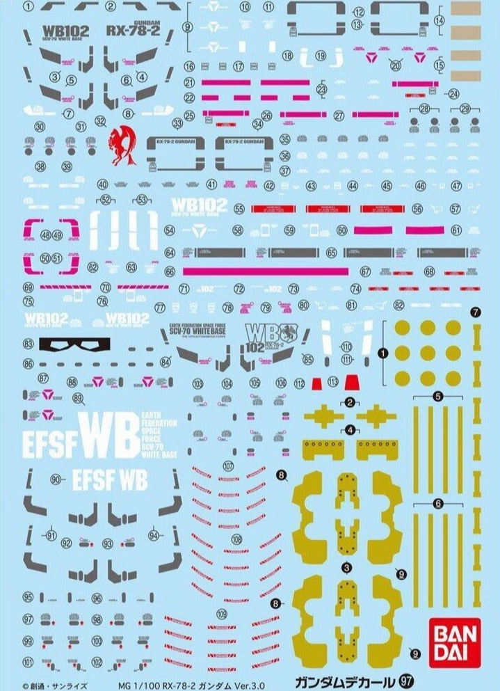 Premium Creation Bandai Gundam Decal #97 For 1/100 MG Master Grade RX-78-2 Gundam 3.0 Water Slide/Transfer Decals