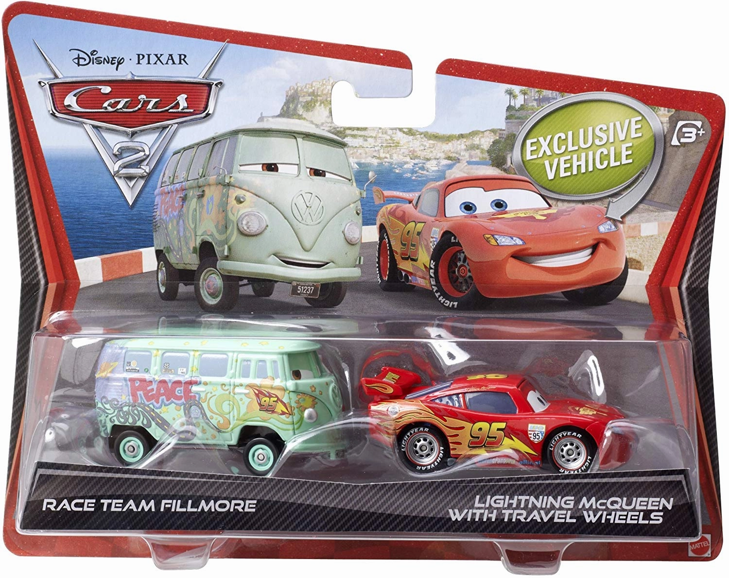 Glow In Dark Disney Pixar Cars 2 Movie Race Team Fillmore and Lightning McQueen with Travel Wheels