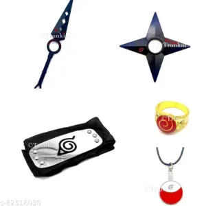 Designer Sculpture Movie Creation Naruto Merchandise Set Of 5 Merch - Patterned Kunai Knife, Leaf Village Head Band, Uzumaki Ring, Uchiha Necklace And Shuriken Set