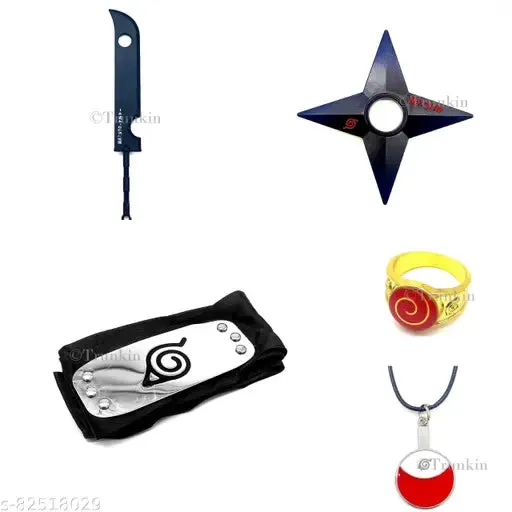 Slide Companion Interactive Perseverance Naruto Merchandise Set Of 5 Merch - Zabuza's Sword, Leaf Village Head Band, Uzumaki Ring, Uchiha Necklace And Shuriken Set