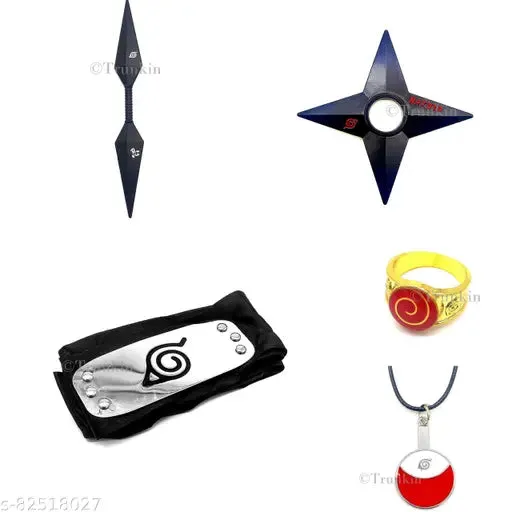 Understanding Deepen Naruto Merchandise Set Of 5 Merch - 2 Sided Kunai Knife, Leaf Village Head Band, Uzumaki Ring, Uchiha Necklace And Shuriken Set