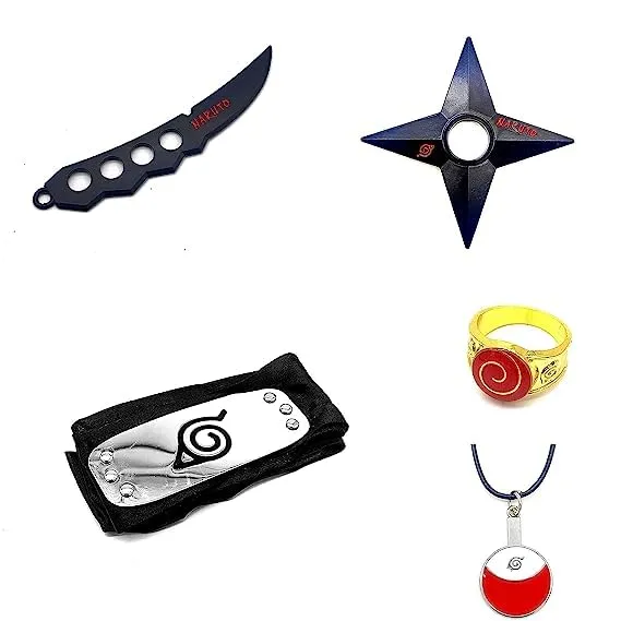 Motion Study Prince Princess Naruto Merchandise Set Of 5 Merch - Asuma's Chakra Blade, Leaf Village Head Band, Uzumaki Ring, Uchiha Necklace And Shuriken Set