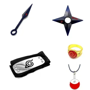 Luxury Gift Naruto Merchandise Set Of 5 Merch - Kunai Knife, Leaf Village Head Band, Uzumaki Ring, Uchiha Necklace And Shuriken Set